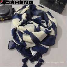 Blue and Beige Cotton Linen Female Warm Scarf with Fringed